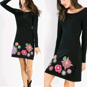 Desigual Scoop Neck Long Sleeve Knit Dress Applique Embellished Hem Black Medium